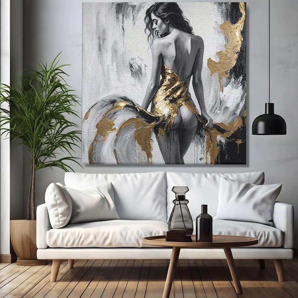 Tablou canvas cu tablou canvas cu silueta de femeie, fara rama, pe sasiu de lemn, pe perete intr-un living